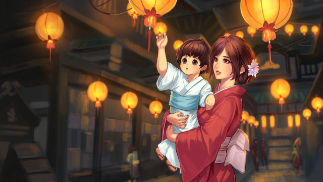 Woman child lanterns city night free wallpaper for desktop - medium preview image