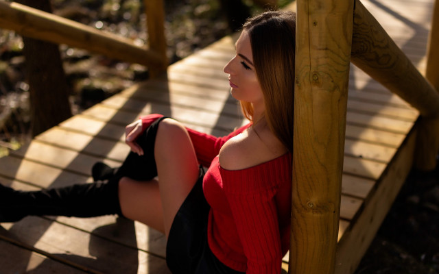 Woman sitting tiltshift fashion brownhair free wallpaper for desktop - medium preview image