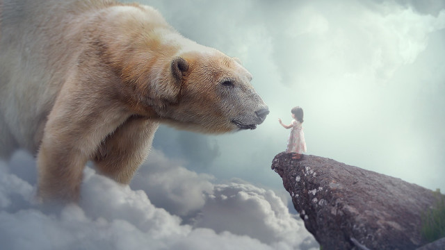 Woman cliff polarbear man mountains free wallpaper for desktop - medium preview image