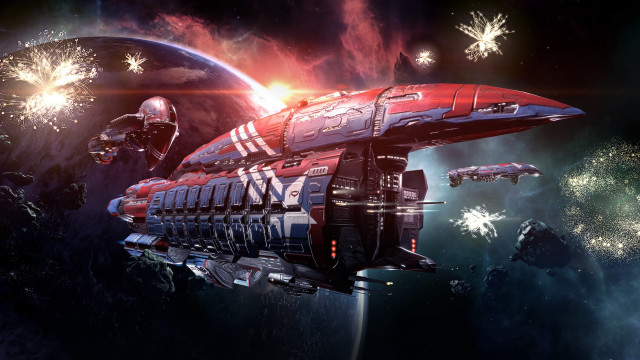 Space station fireworks planet galaxy free wallpaper for desktop - medium preview image