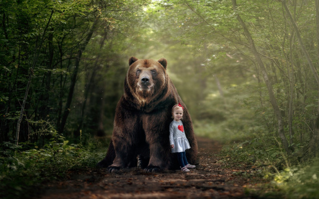 Young girl bear forest illustration free wallpaper for desktop - medium preview image