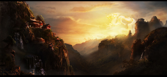 Mountain village waterfall painting scenery free wallpaper for desktop - medium preview image