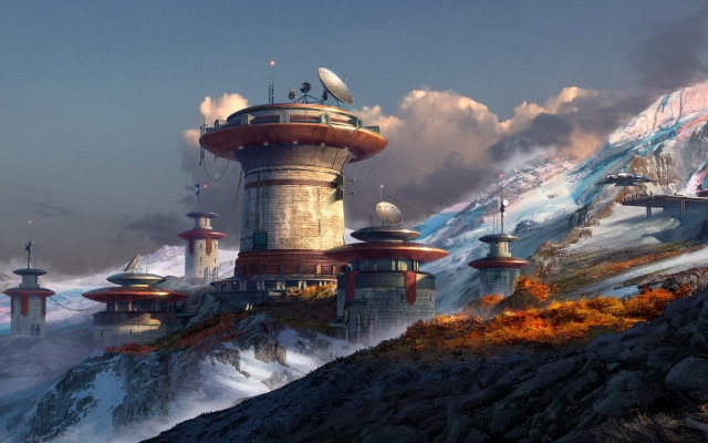 Futuristic city mountain sky clouds free wallpaper for desktop - medium preview image