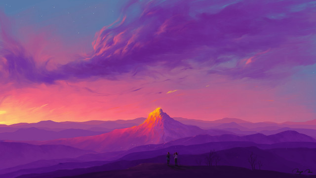 Mountain sunset purple sky cityscape free wallpaper for desktop - medium preview image