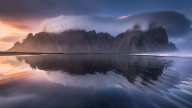 Mountain reflection sunset misty lake free wallpaper for desktop - medium preview image