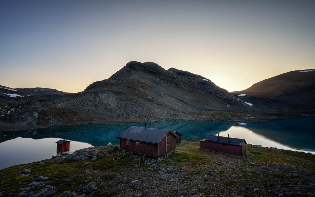 Mountain lake houses sunset ecological free wallpaper for desktop - medium preview image