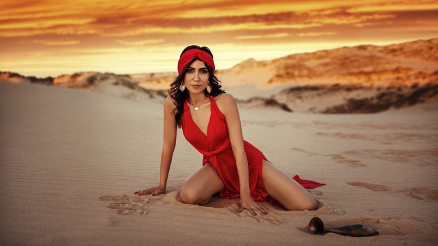 Woman red dress beach sunset #5 free wallpaper for desktop - medium preview image