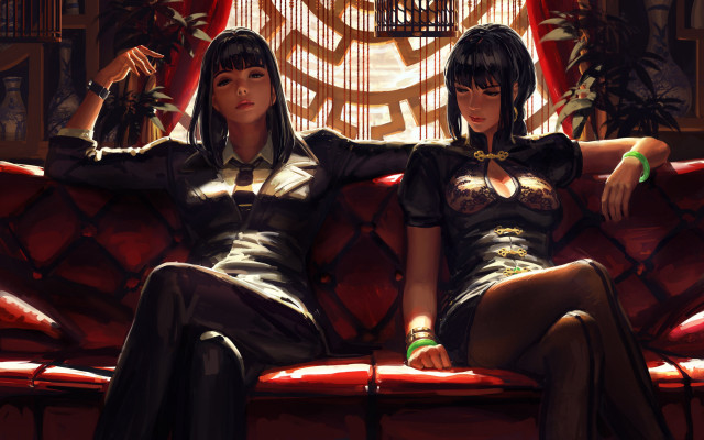 Red couch two women fantasy free wallpaper for desktop - medium preview image