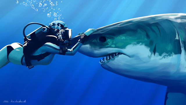 Man diving suit kissing shark free wallpaper for desktop - medium preview image