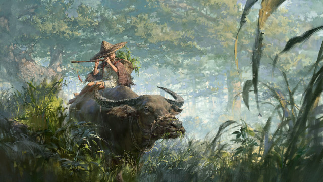 Man buffalo forest fantasy art free wallpaper for desktop - medium preview image