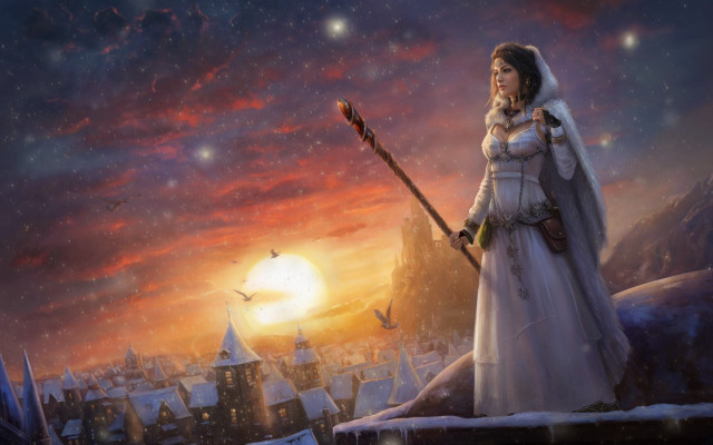 Woman white dress sunset city free wallpaper for desktop - medium preview image