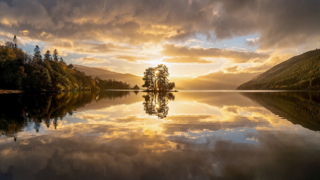 Lake tree sunset clouds bridge free wallpaper for desktop - medium preview image