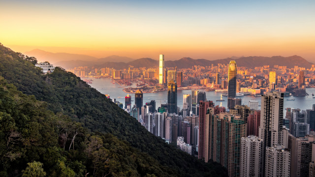 City skyline mountain water dusk free wallpaper for desktop - medium preview image