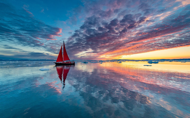 Sailboat sunset water ice floes free wallpaper for desktop - medium preview image