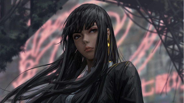 Woman black hair ears tree free wallpaper for desktop - medium preview image