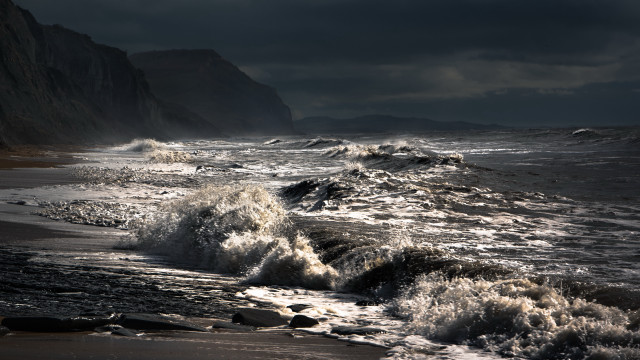 Stormy beach mountains city lake free wallpaper for desktop - medium preview image