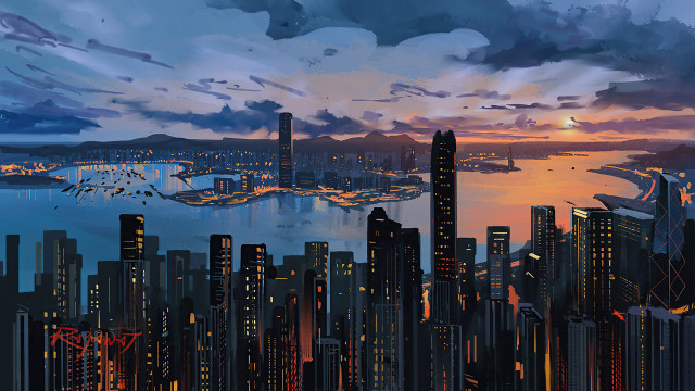 City skyline sunset water bridge #3 free wallpaper for desktop - medium preview image