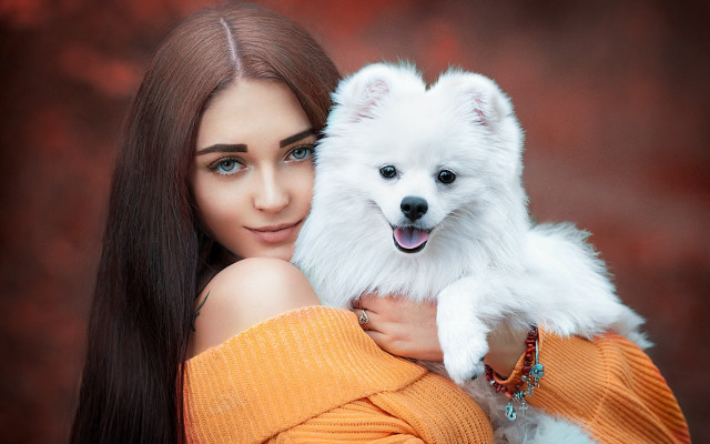 Woman white dog smiling red free wallpaper for desktop - medium preview image