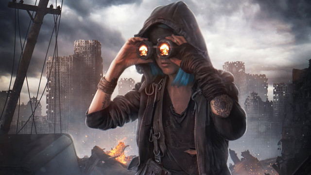 Woman binoculars cityscape burning building free wallpaper for desktop - medium preview image