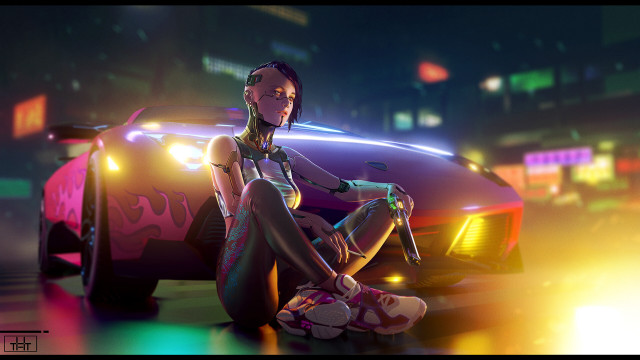 Woman sitting neon city cyberpunk free wallpaper for desktop - medium preview image