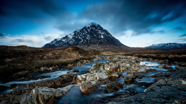 Mountain stream rocks cloudy sky free wallpaper for desktop - medium preview image