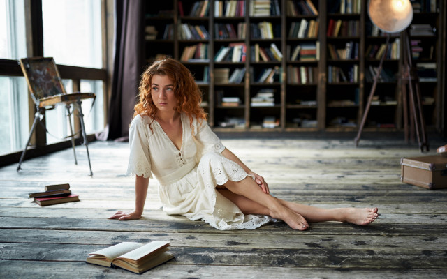 Woman barefoot blonde dress reading free wallpaper for desktop - medium preview image