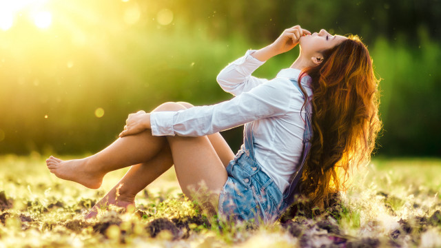 Woman sitting grass summer vibrant free wallpaper for desktop - medium preview image