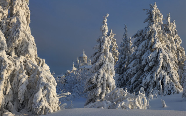 Snowy landscape castle trees blue free wallpaper for desktop - medium preview image
