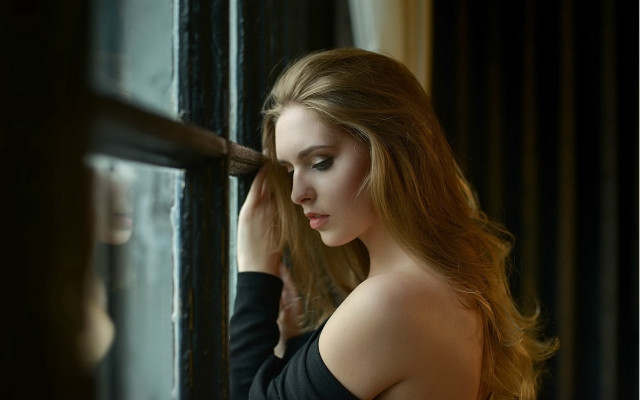 Woman longhair window blurry photorealistic free wallpaper for desktop - medium preview image