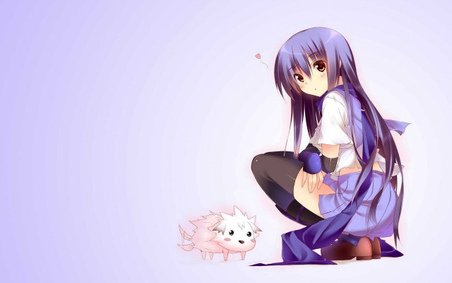 Purple haired girl white cat free wallpaper for desktop - medium preview image