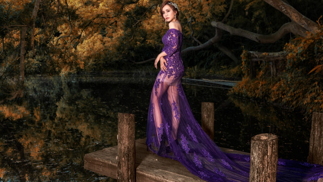 Woman purple dress dock lake free wallpaper for desktop - medium preview image