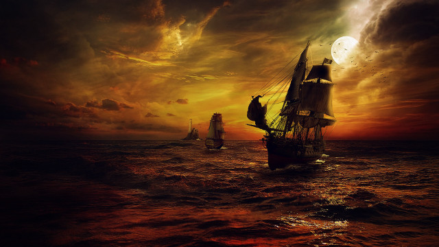 Ship sailing sunset fullmoon fantasy free wallpaper for desktop - medium preview image