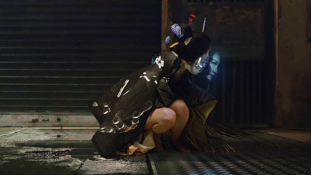 Woman dress mask umbrella crouching free wallpaper for desktop - medium preview image