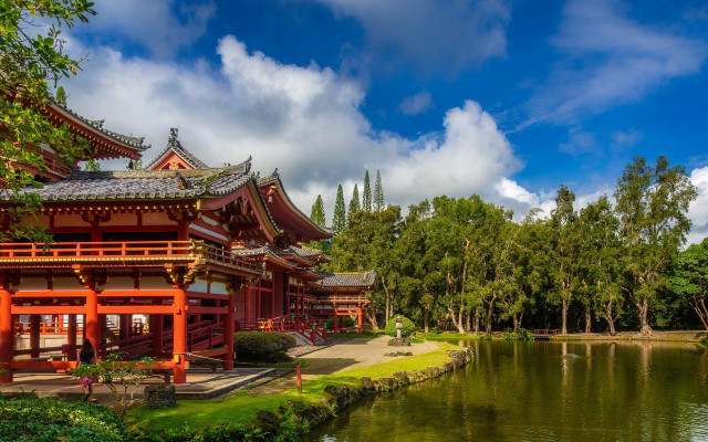 Pond building clouds trees architecture free wallpaper for desktop - medium preview image