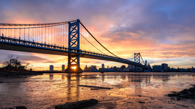 Sunset bridge water cityscape mountains free wallpaper for desktop - medium preview image