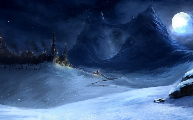 Snowy landscape castle full moon free wallpaper for desktop - medium preview image