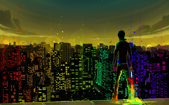 Cyberpunk cityscape ledge neon ruins free wallpaper for desktop - medium preview image