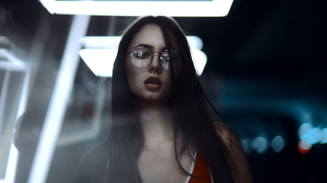 Woman glasses dark room neon free wallpaper for desktop - medium preview image