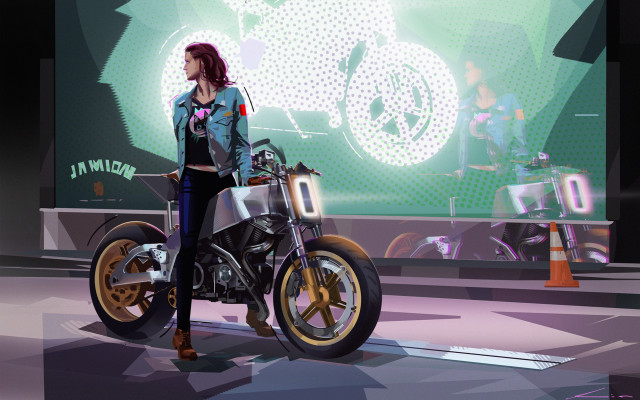 Woman motorcycle stage cyberpunk rossdraws free wallpaper for desktop - medium preview image