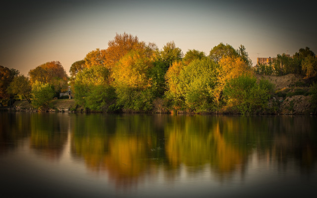 Lake trees house red roof free wallpaper for desktop - medium preview image