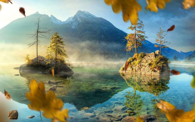 Lake island mountain autumn scenery free wallpaper for desktop - medium preview image