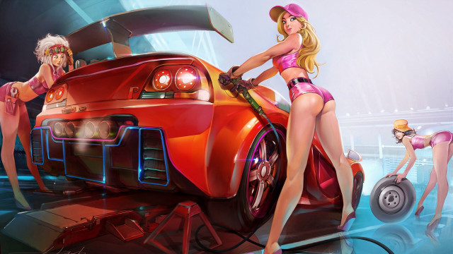Cyberpunk girls bikinis car motorcycle free wallpaper for desktop - medium preview image