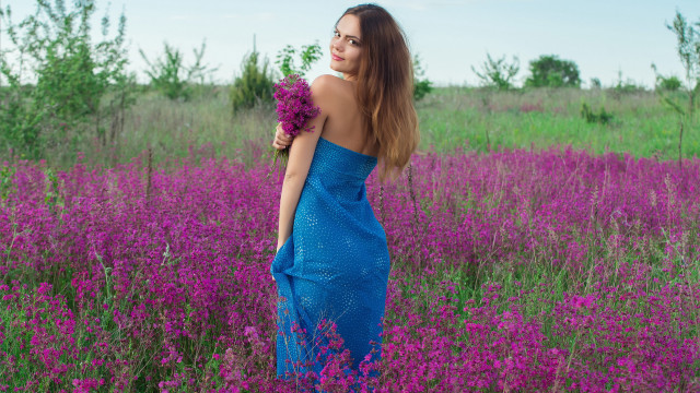 Woman blue dress purple flower free wallpaper for desktop - medium preview image