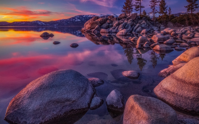 Lake rocks sunset mountains colorful free wallpaper for desktop - medium preview image