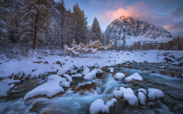 Snowy forest river mountains pink free wallpaper for desktop - medium preview image