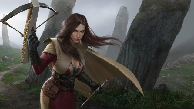 Woman archer fantasy forest cape free wallpaper for desktop - medium preview image