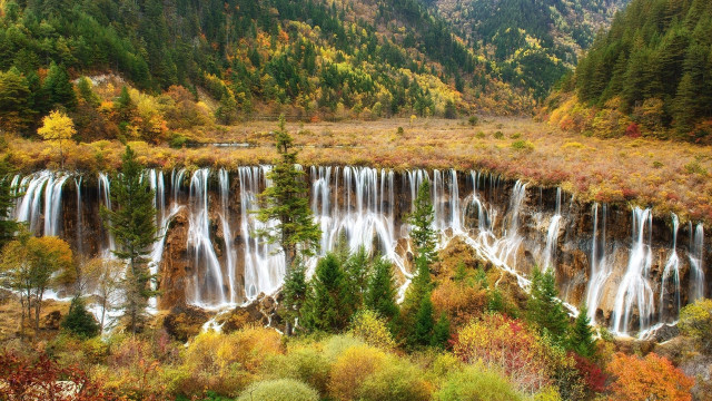 Waterfall forest fall colors impressionist free wallpaper for desktop - medium preview image