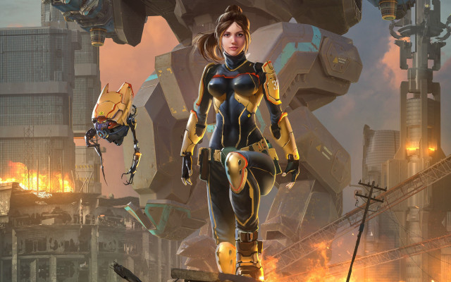 Futuristic woman robot bridge city #2 free wallpaper for desktop - medium preview image