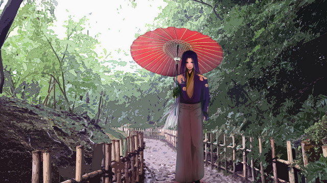 Woman umbrella woods path fence free wallpaper for desktop - medium preview image
