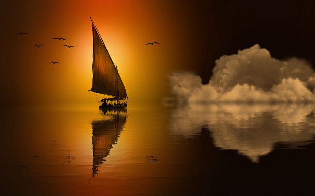 Sailboat sunset birds clouds mountain free wallpaper for desktop - medium preview image